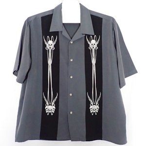 DRAGONFLY Men's 3XL SS Shirt/Grey/Skulls/Wings/Black stripes/button down.